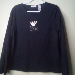 Villager Liz Claiborne Shirt XL Women Boo Ghost Halloween Beading Black